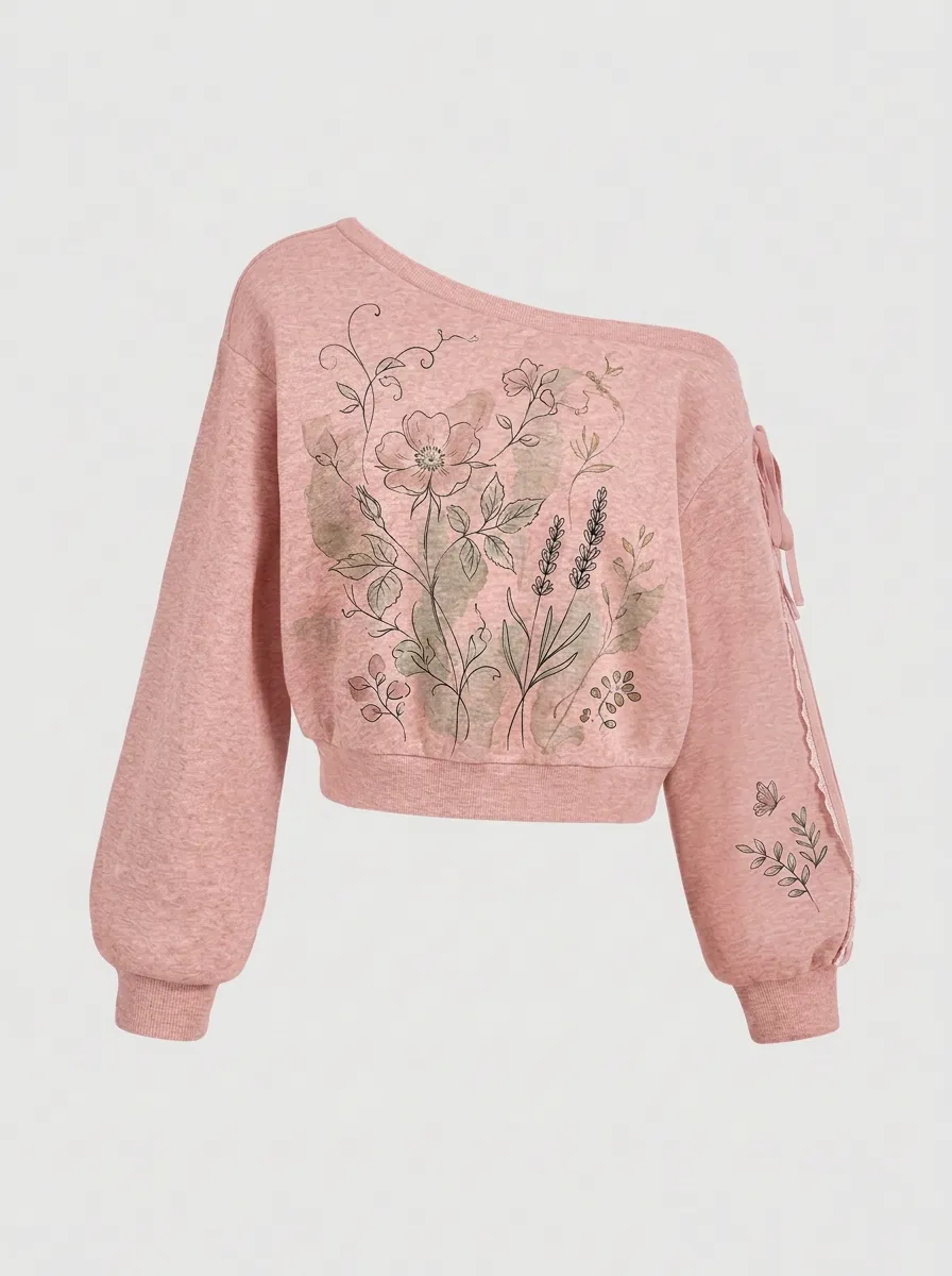 Women's Botanical Floral Butterfly Printed Off-Shoulder Sweatshirt