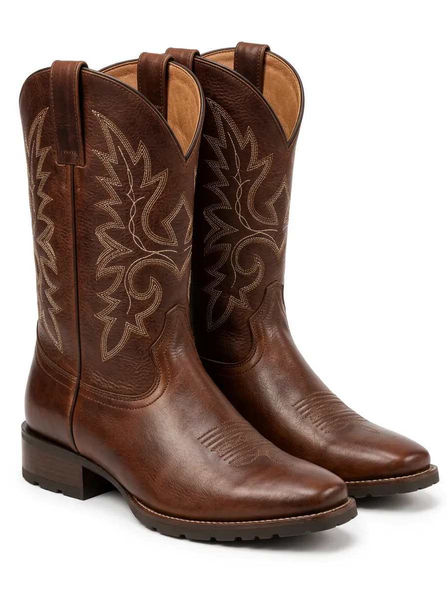 Men's Brown Leather Cowboy Boots with Embroidered Patterns