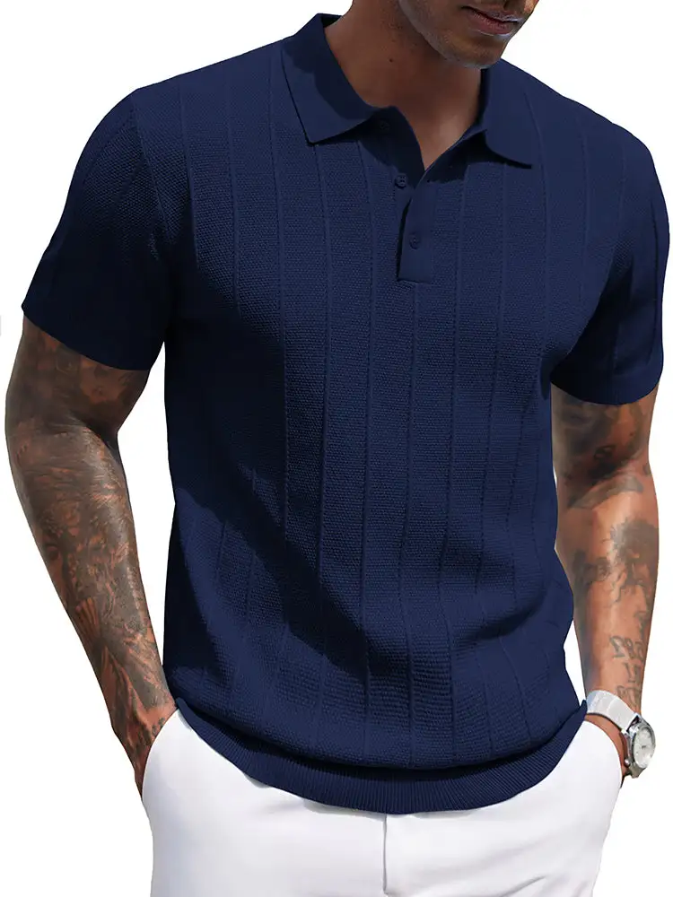 Ribbed Textured Knit Polo Shirt