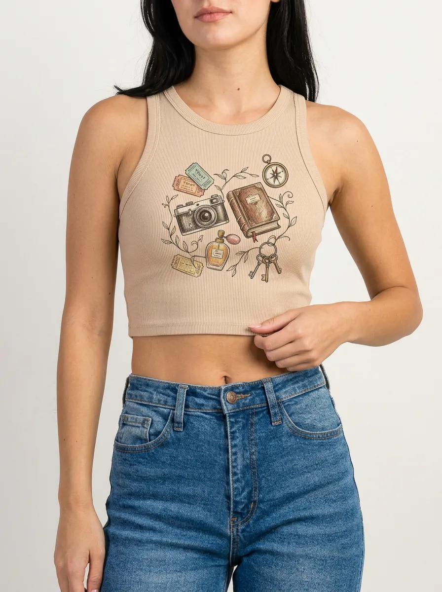 Women's Travel Camera Journal Compass Graphic Ribbed Crop Tank Top