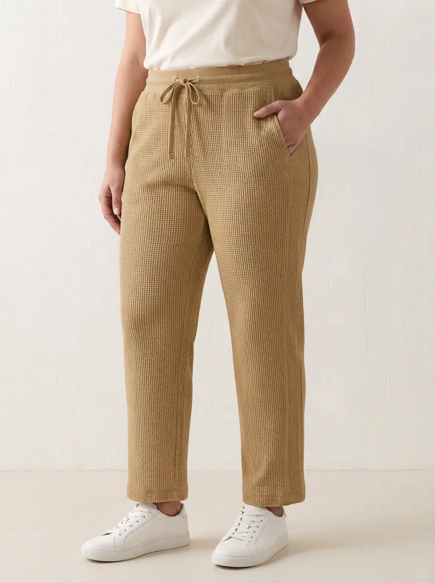 Women's Casual Beige Waffle Knit Drawstring Lounge Pants