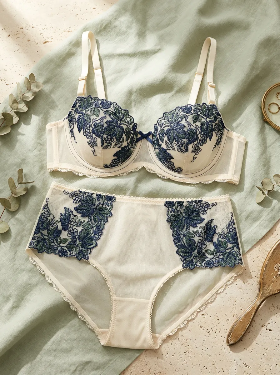 Women's Floral Vine Embroidery Mesh Lingerie Set