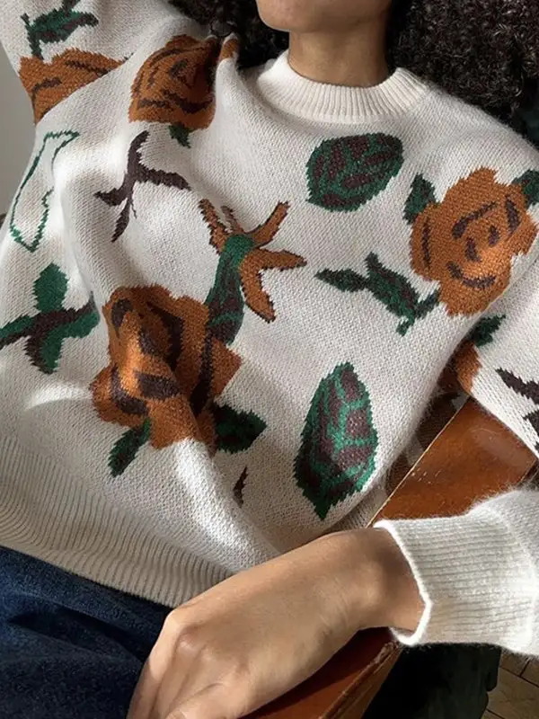 Women's Floral Round-Neck Relaxed Sweater
