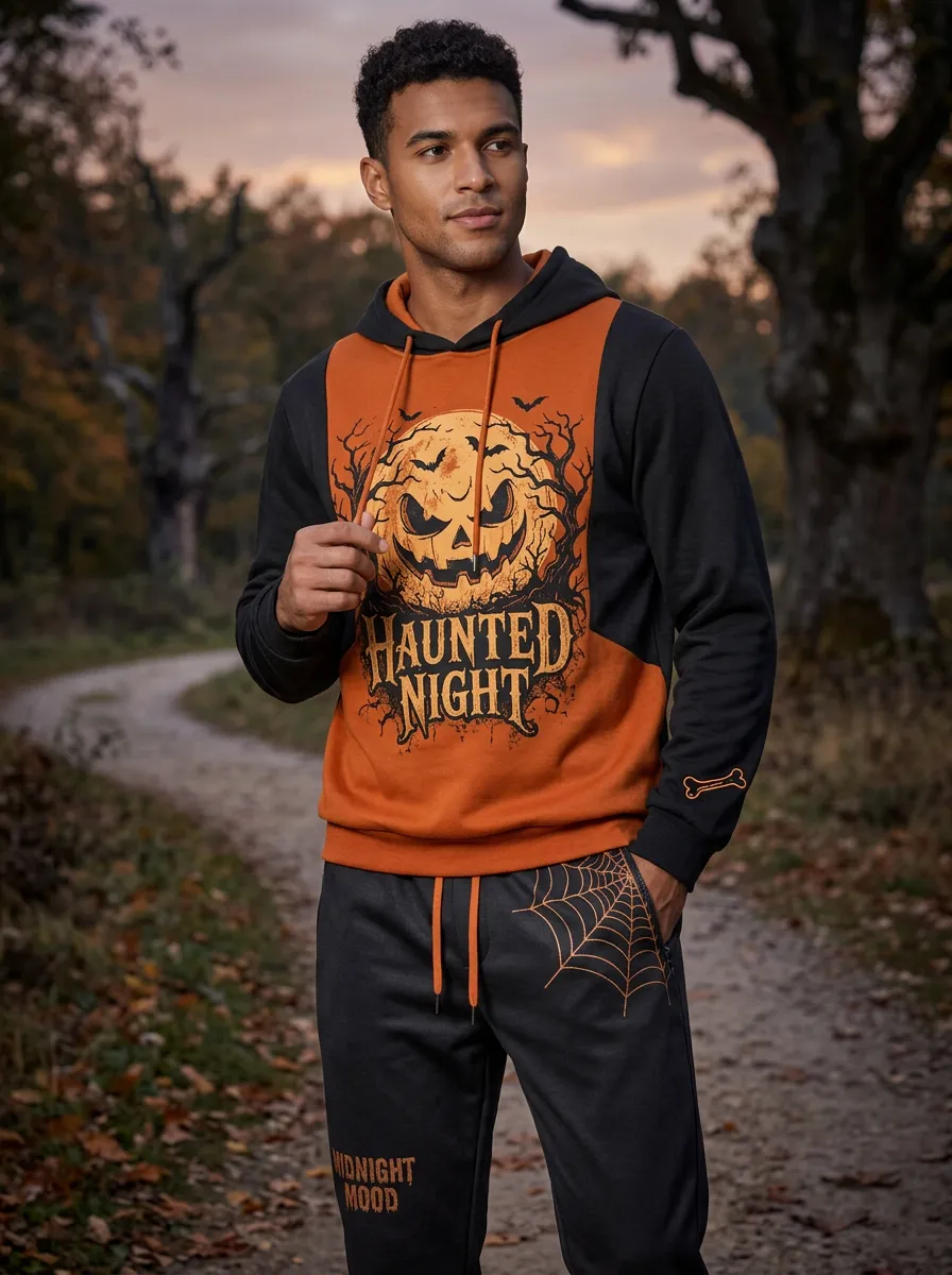 Men's Halloween Black Orange Haunted Night Pumpkin Colorblock Hoodie Jogger Set
