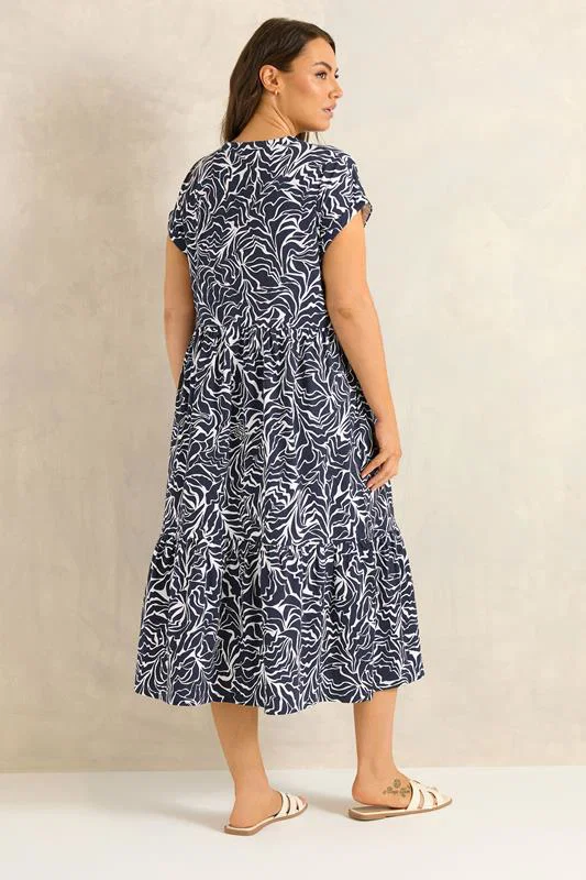 Navy Blue Abstract Print Notch Neck Cotton Midi Dress detail 2