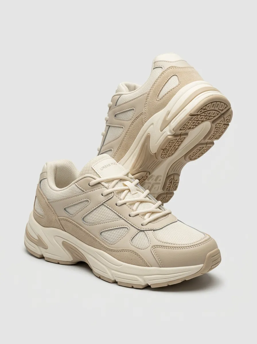 Chunky Suede-Panel Mesh-Panel Casual Sneakers