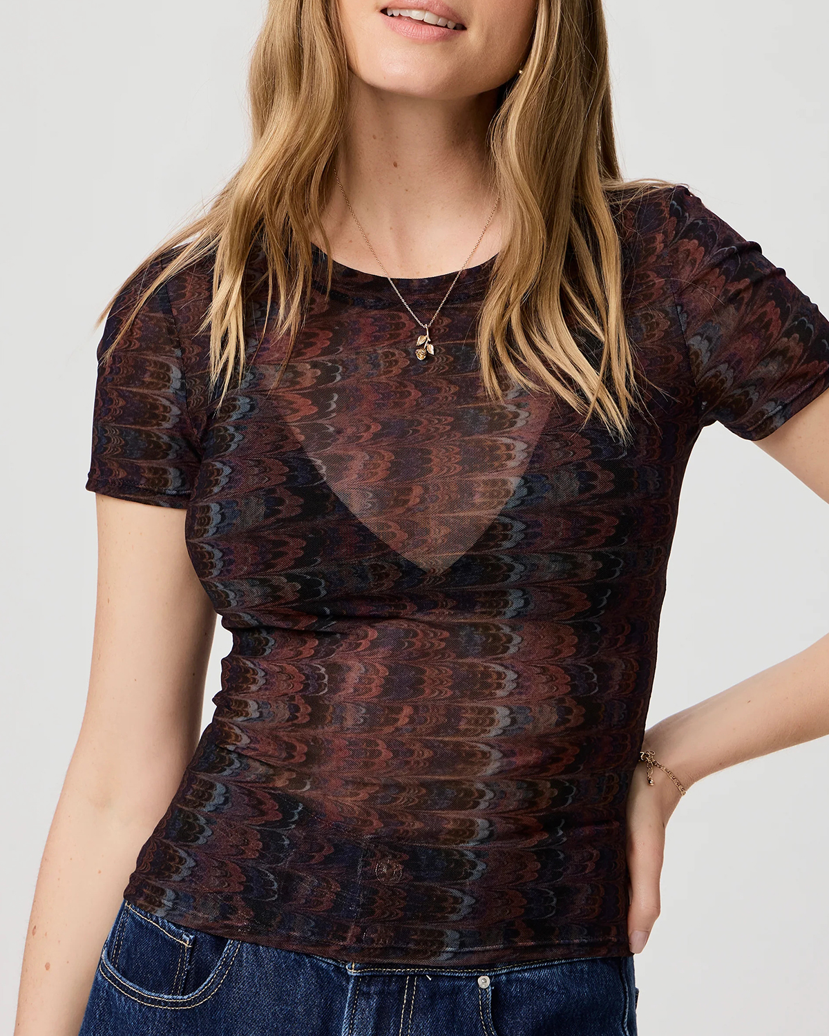 Navy Multi Sheer Fabric Short Sleeve Top - WARDROBEWAVE