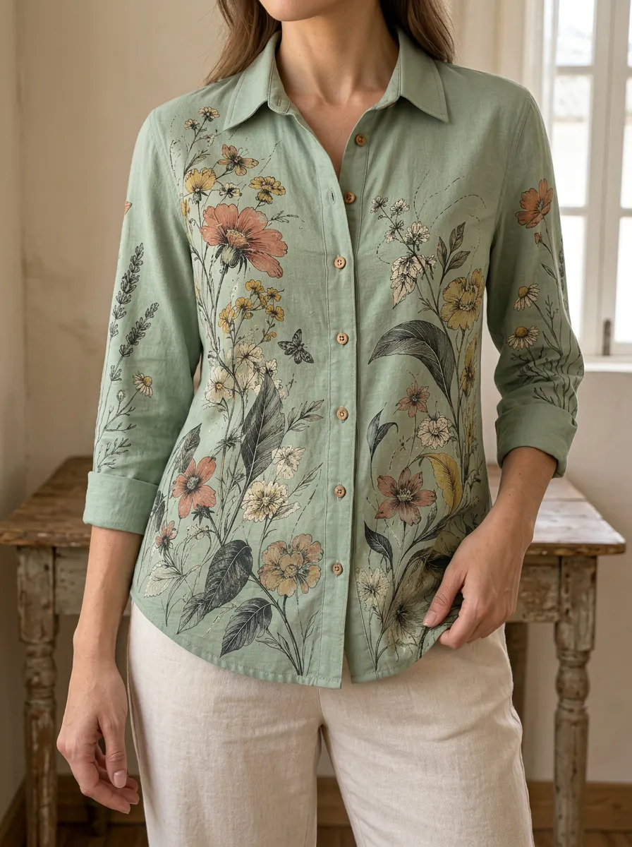 Women's Botanical Garden Floral Printed Linen-Blend Shirt