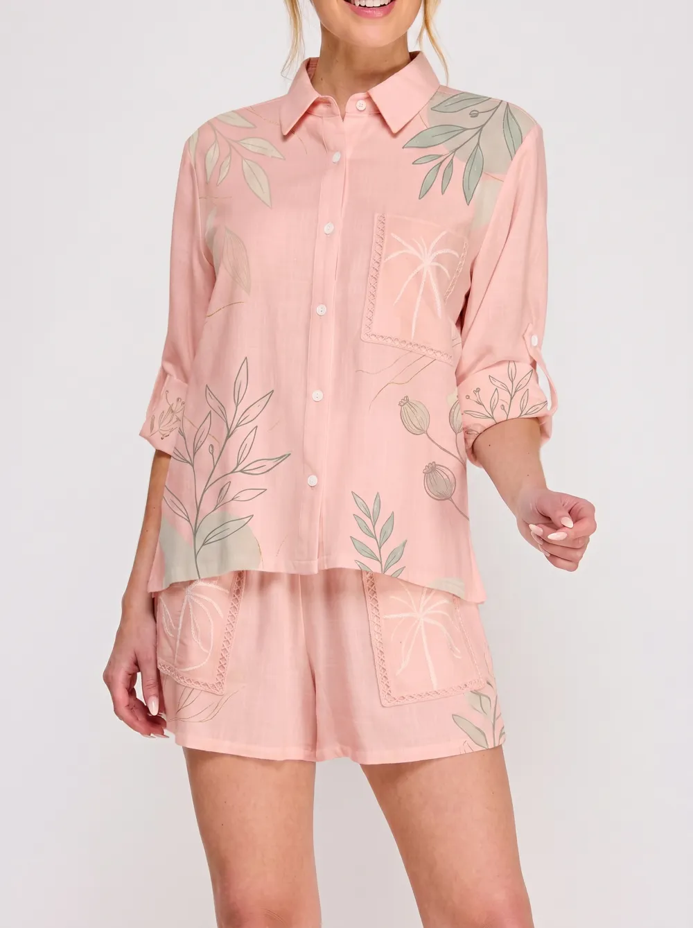Women's Botanical Nature Lover Leaf Printed Button Down Shirt