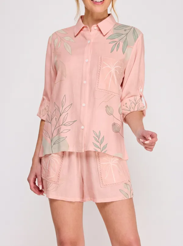 Women's Botanical Nature Lover Leaf Printed Button Down Shirt