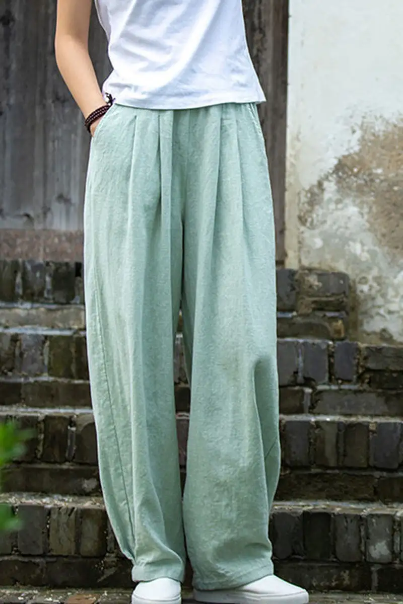Refined Linen Cotton High Waist Pocketed Trousers