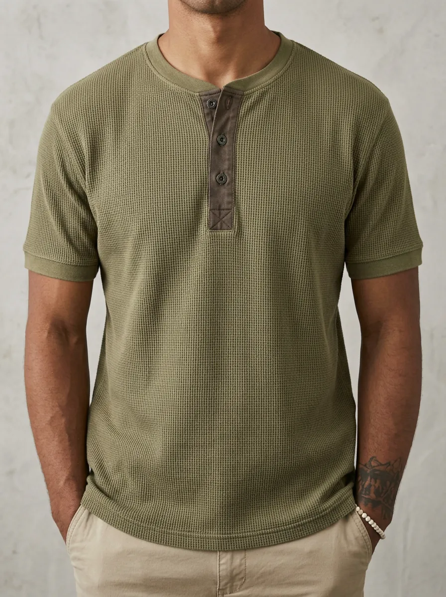 Modern Waffle-Knit Men's Short-Sleeve Henley Shirt