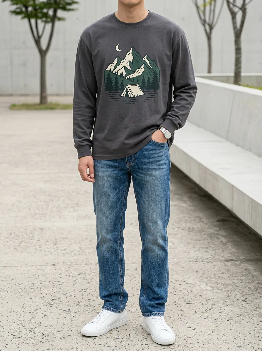 Men's Contemporary Camping Lover Mountain Forest Printed T-Shirt and Jeans Set