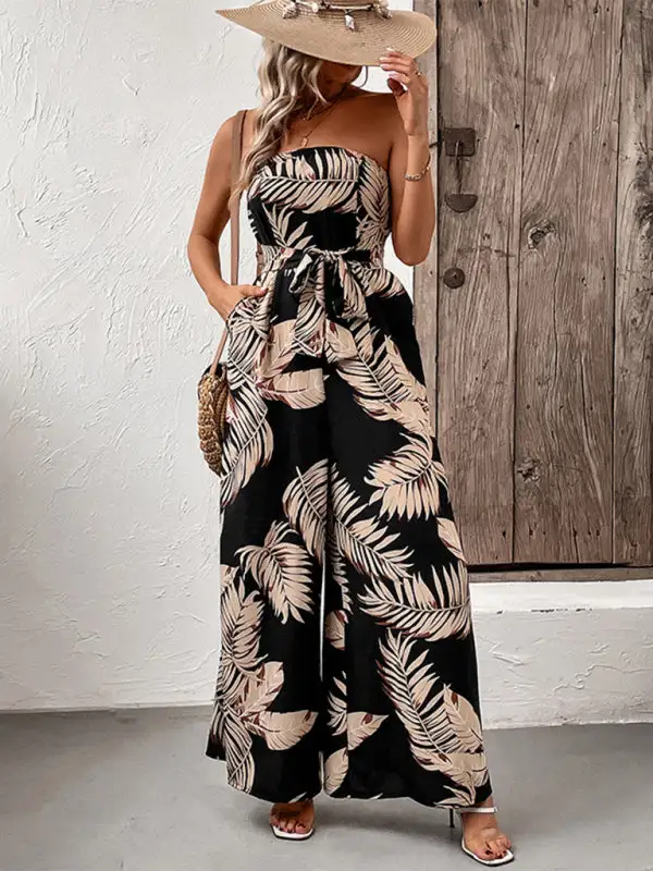 Plant Leaf Print Tube Top Jumpsuit