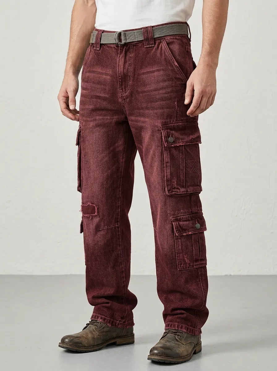 Men's Distressed Washed Grey Multi-Pocket Cargo Jeans