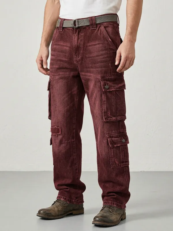 Men's Distressed Washed Grey Multi-Pocket Cargo Jeans