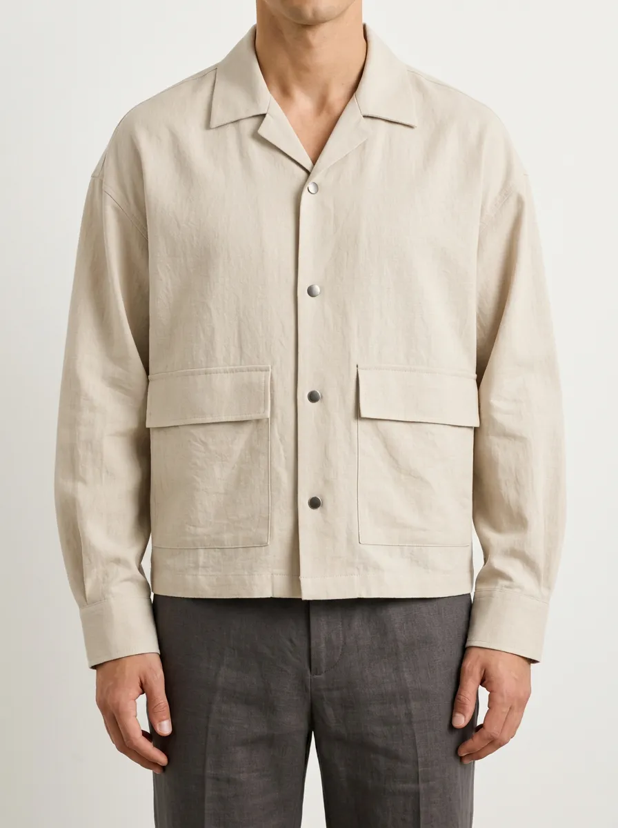 Unisex Beige Snap Button Casual Button Shirt