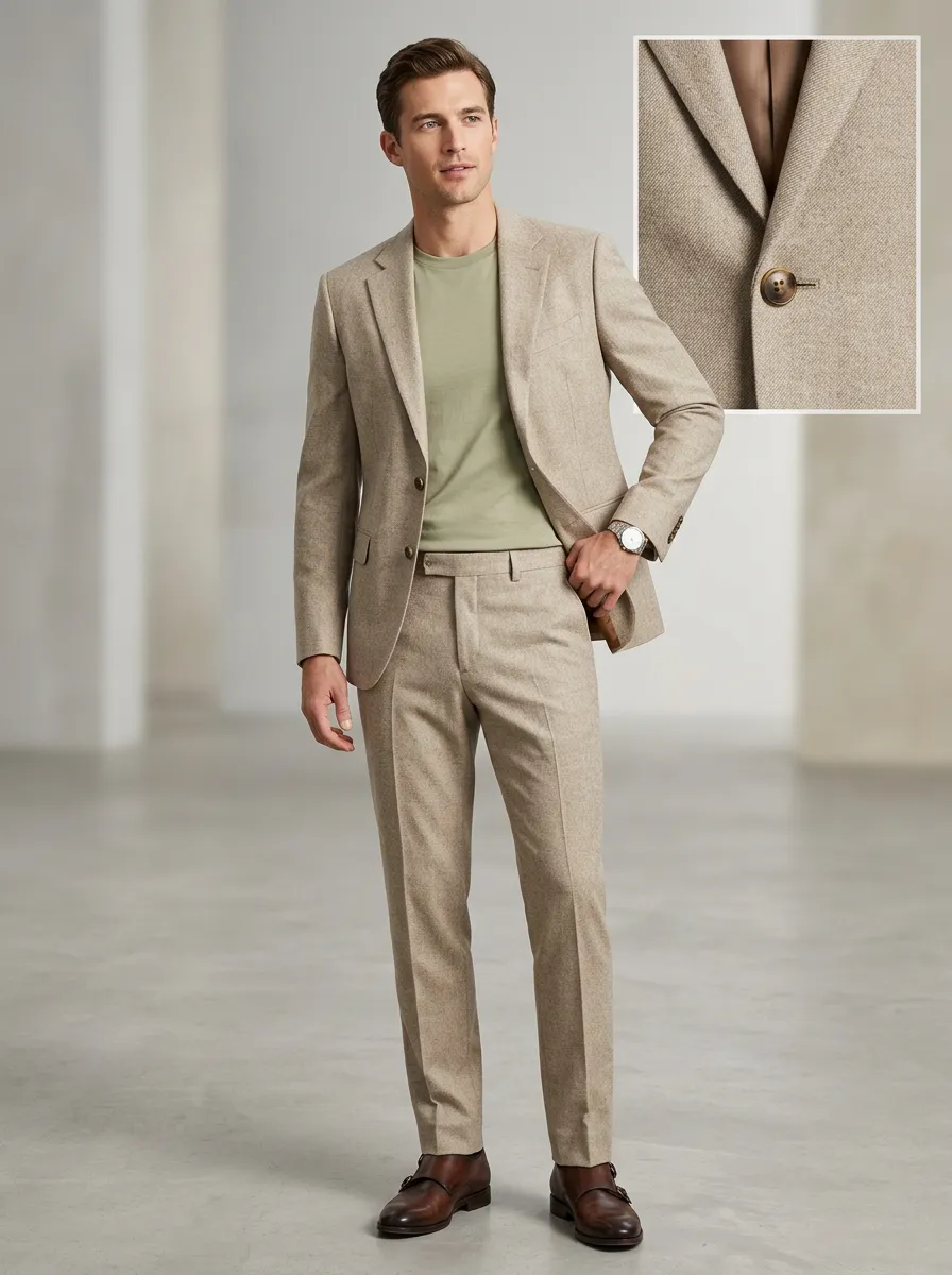 Men's Casual Business Beige Tweed Textured Printed Suit Set