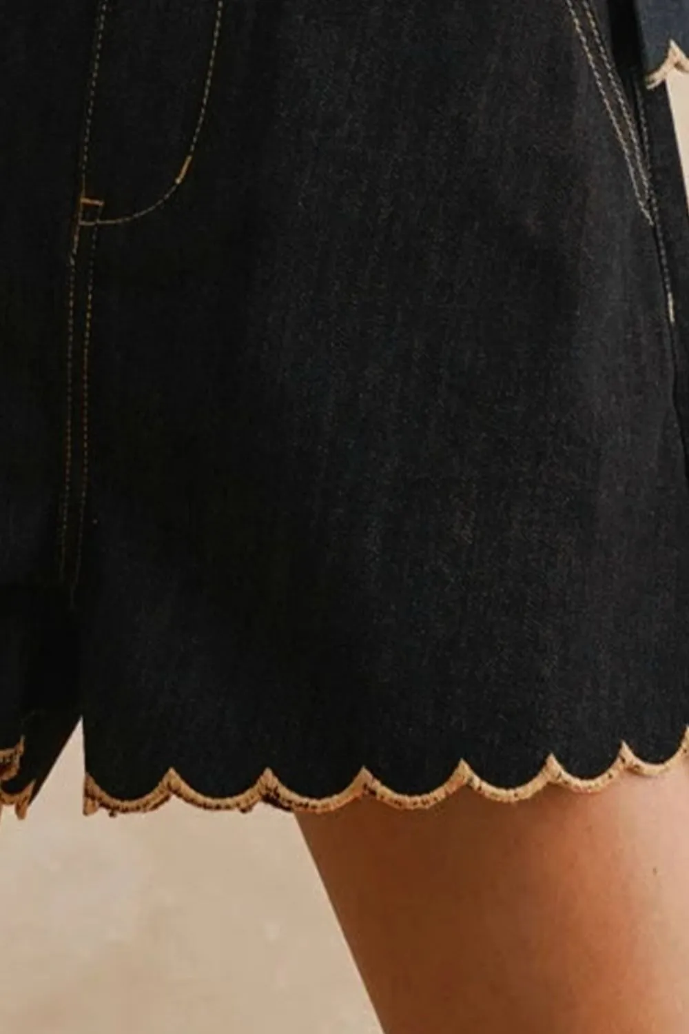 Refined Scalloped Hem Denim Shorts