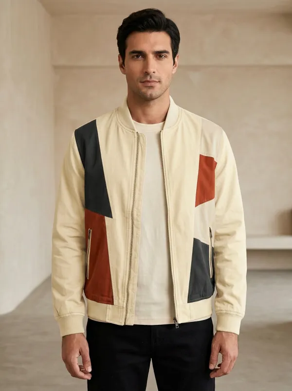 Geometric Print Baseball Collar Panel Detail Bomber Jacket