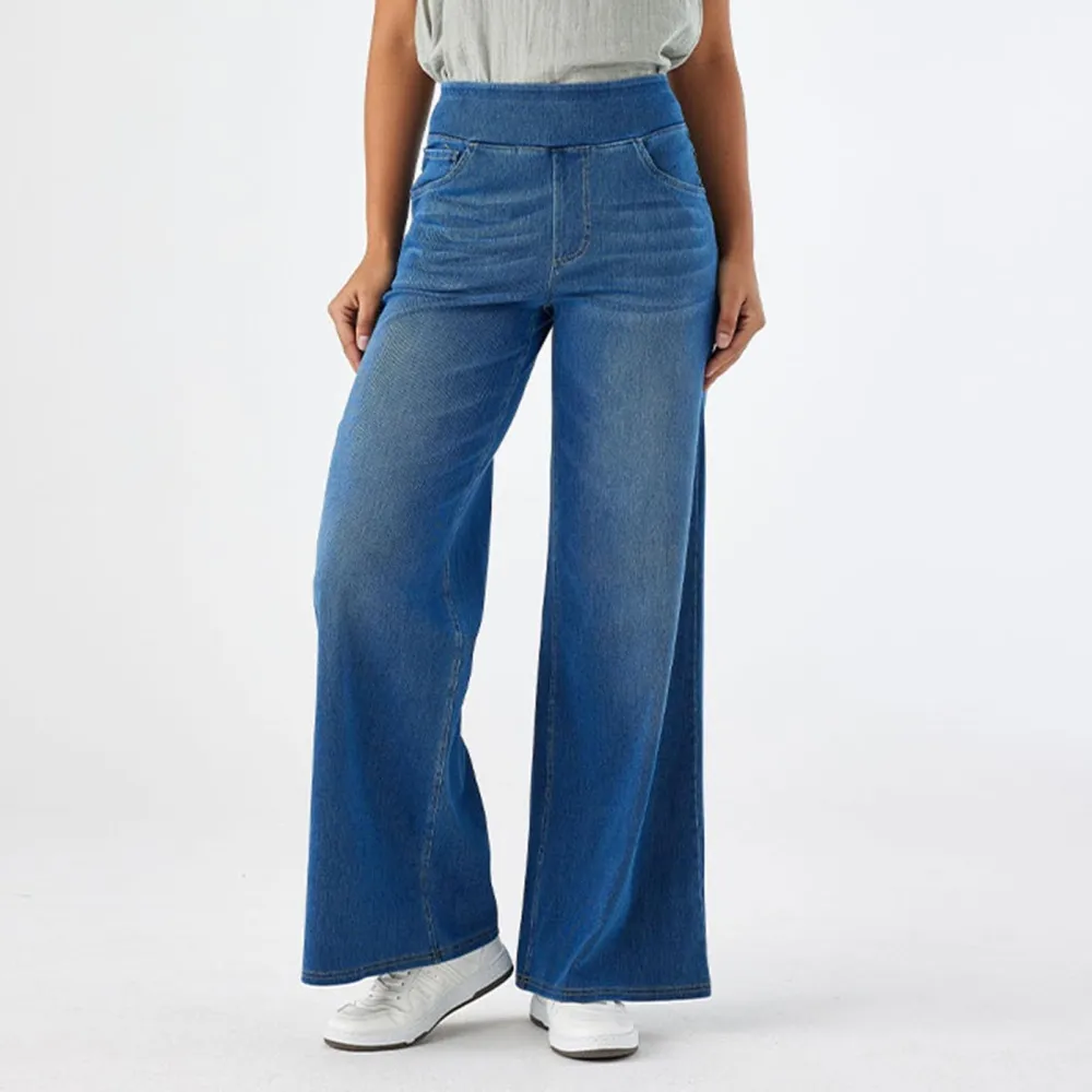 2026🔥  High Waisted Multiple Pockets Baggy Wide Leg Washed Stretchy Knit Casual Jeans
