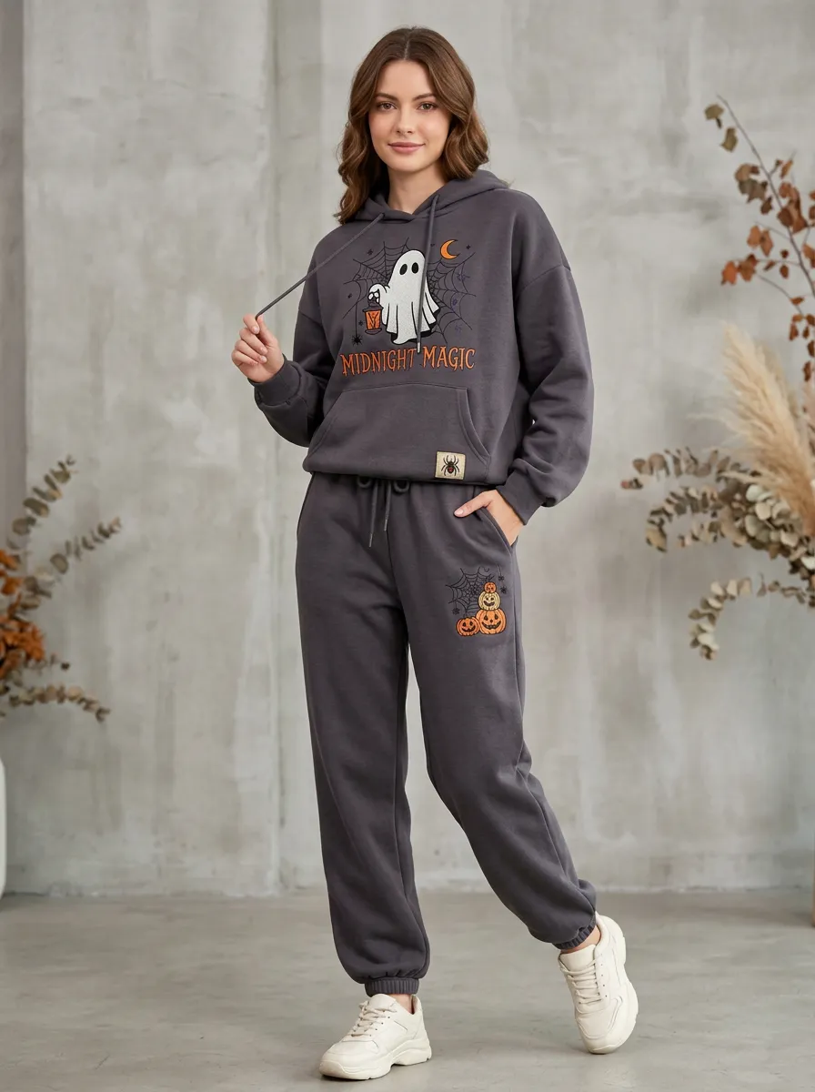Women's Halloween Midnight Magic Ghost Pumpkin Printed Jogger Set