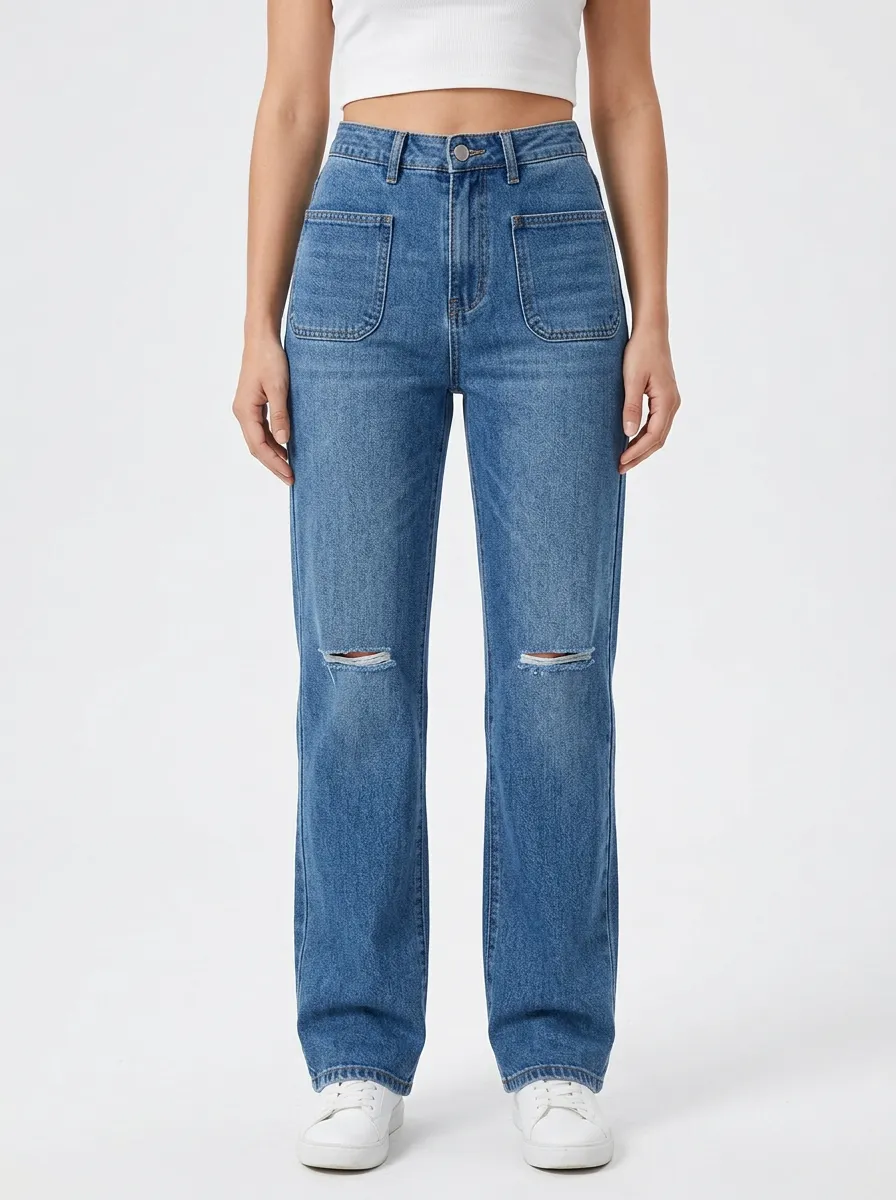 Women's Front Patch-Pocket Clean-Hem Double-Knee Distressed High-Rise Straight-Leg Jeans