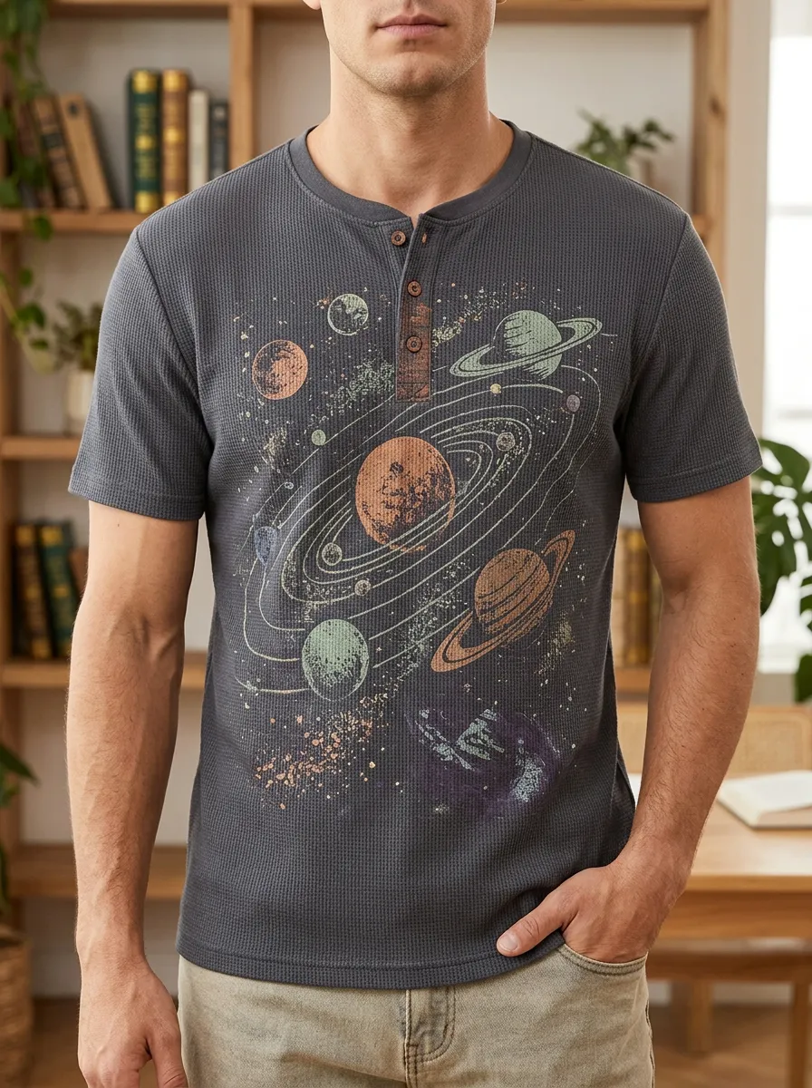 Men's Space Astronomy Solar System Printed Waffle Henley T-shirt