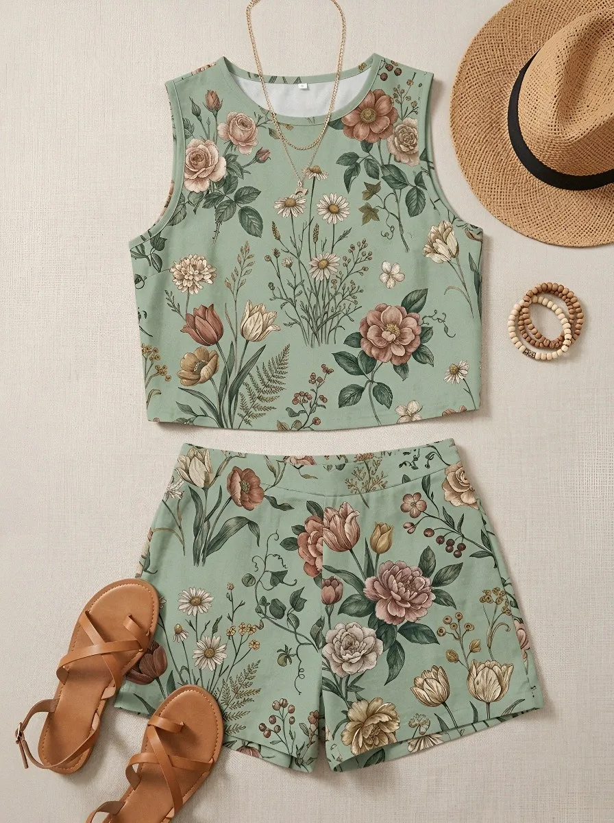 Women's Botanical Garden Floral Printed Sleeveless Shorts Set
