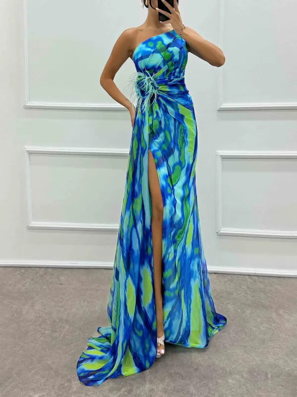 Painted Floral Print Feather Maxi Dress