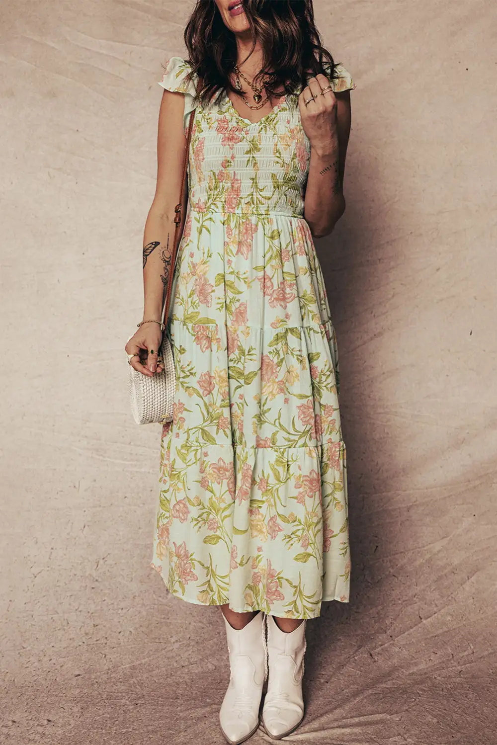 Smocked Bodice Ruffled Sleeveless Tiered Floral Maxi Dress