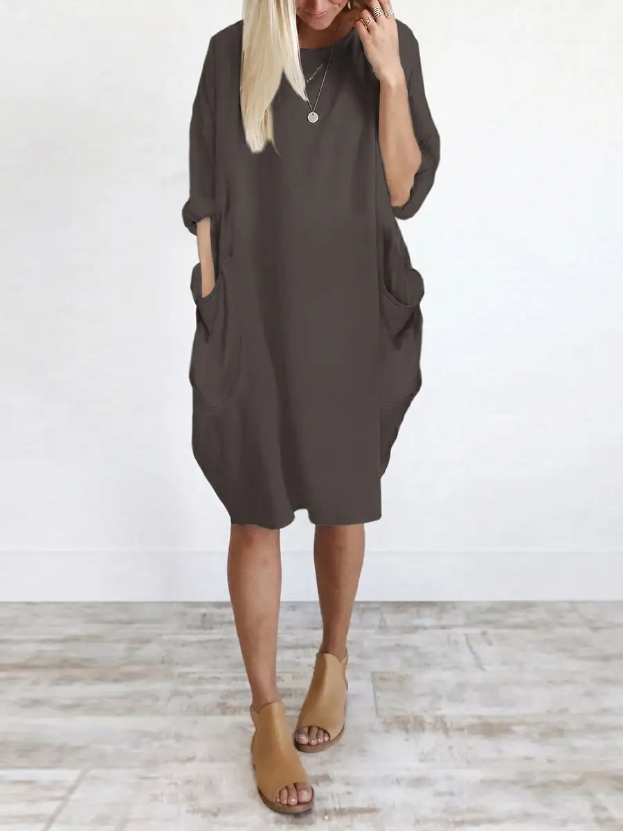 Refined Long Sleeve Relaxed Pocket Solid Color Round Neck Mini Dress