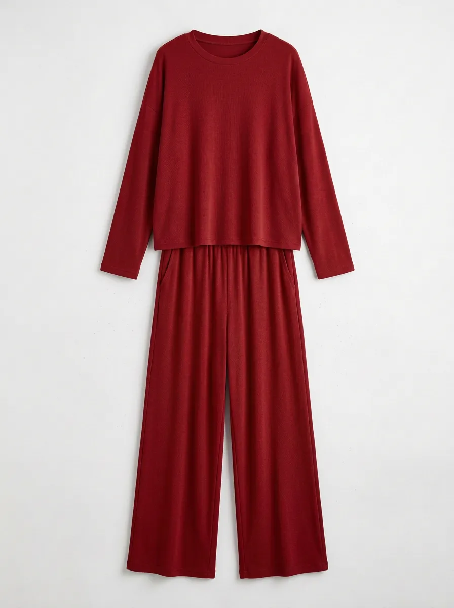 Women's Long-Sleeve Drop-Shoulder Crewneck Top And Wide-Leg Trouser Two-Piece Set