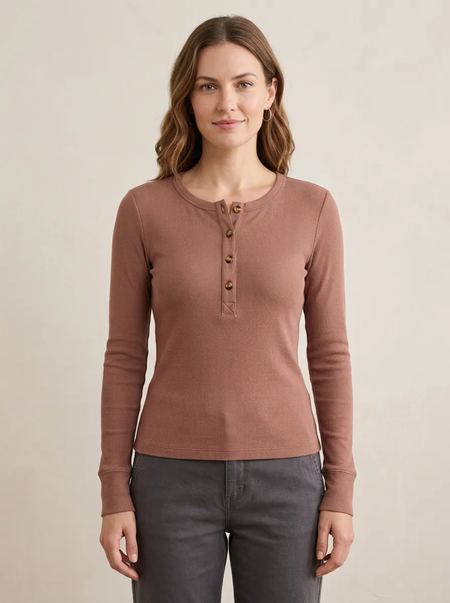 Women's Casual Basic Ribbed Long Sleeve Button Henley Shirt