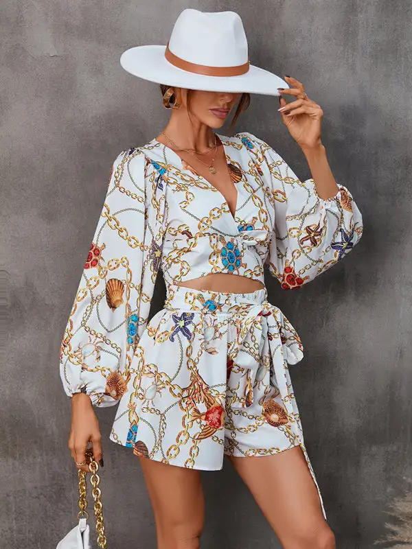 Hollowed Out Long Sleeved V Neck Shorts
