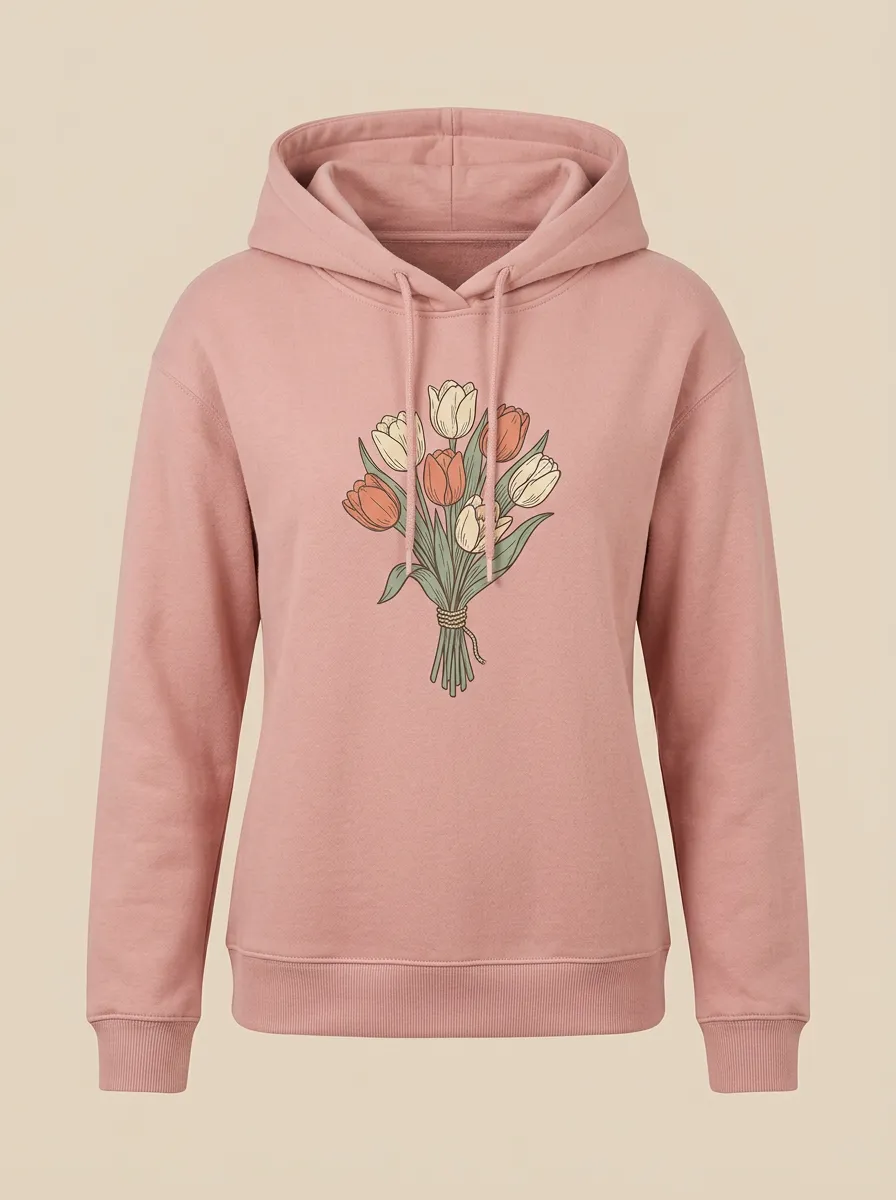 Women's Hooded Drawstring Graphic Rib-Trim Long-Sleeve Hoodie
