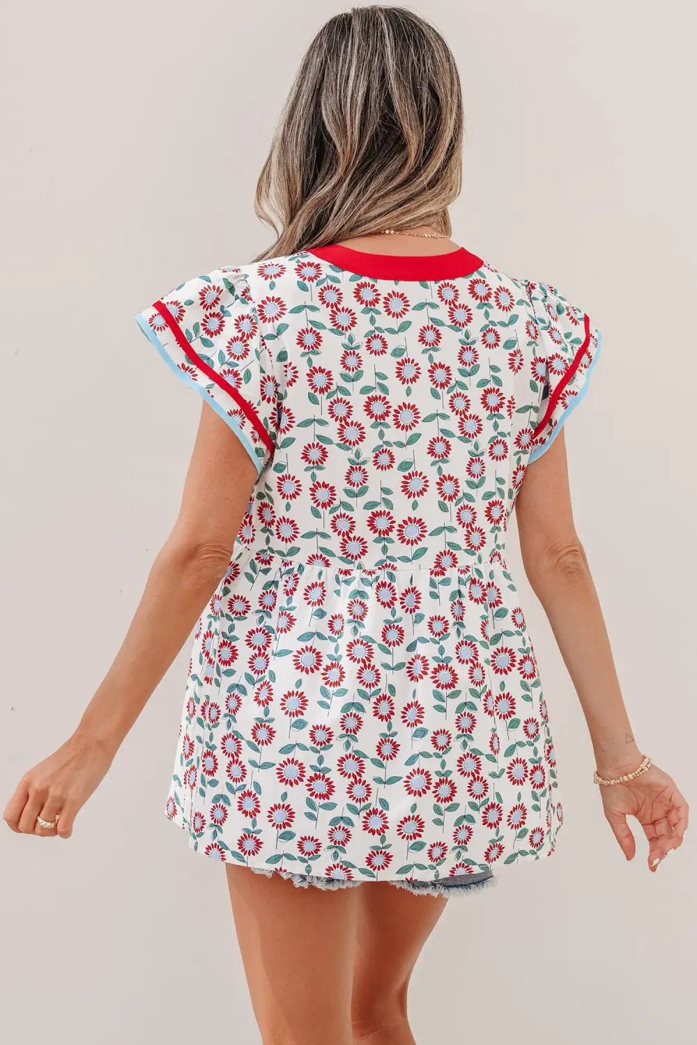 Women's Printed V Neck Flutter Sleeve Top