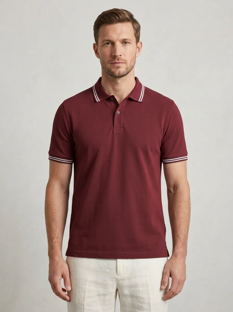 Men's Casual Grey Tipped Collar Striped Cuff Polo Shirt