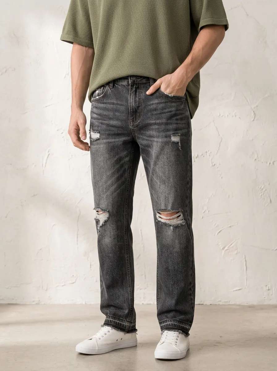 Men's Casual Streetwear Distressed Washed Black Denim Jeans