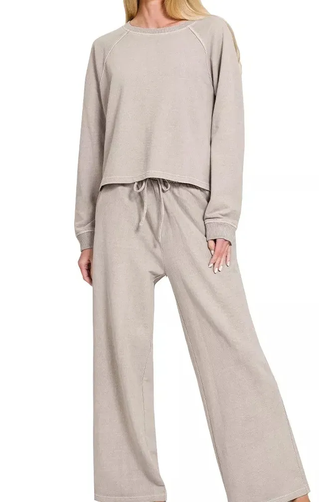 Washed F Terry Round Neck Pullover & Pants Set