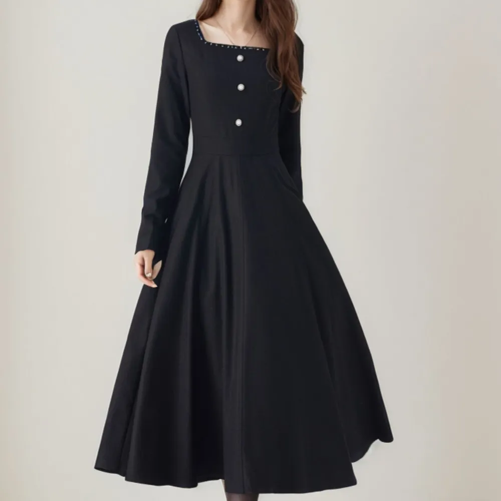 Wool Blend Swing Square Neck Long Sleeve Midi Dress