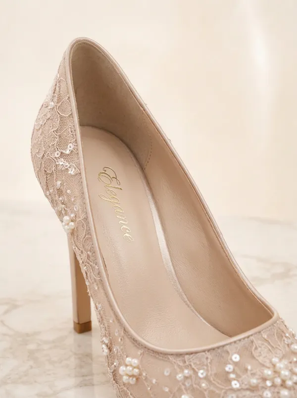 Pearl Floral Lace-Detail Sequin Women's Formal High Heels