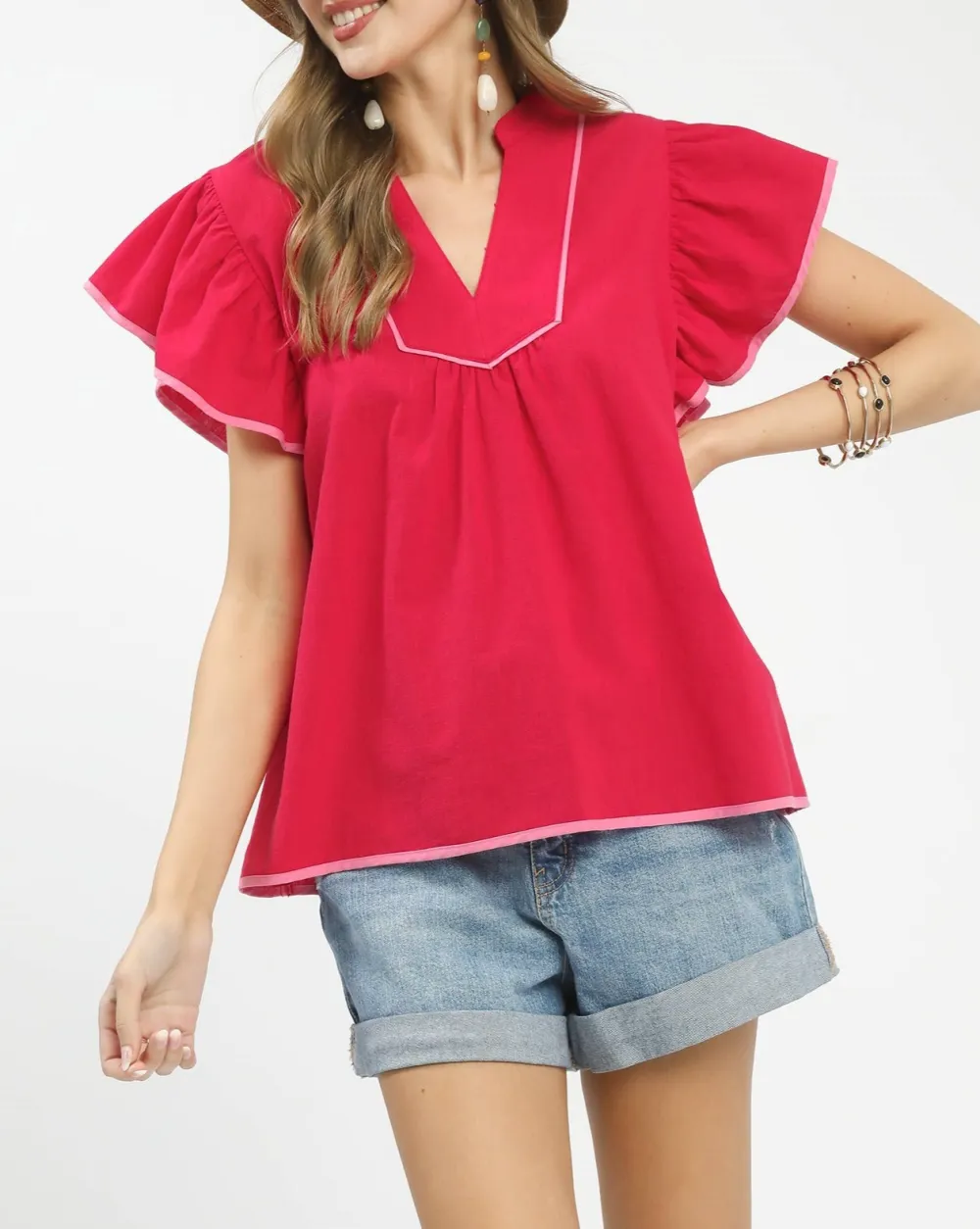 Contrast Trim Ruched Tiered Flutter Sleeve Babydoll Top
