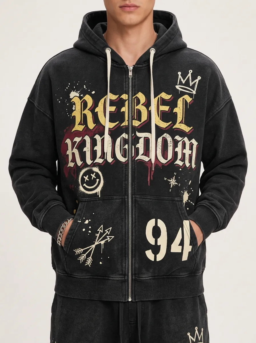 Men's Rebel Kingdom 94 Graffiti Crown Printed Zip-up Hoodie