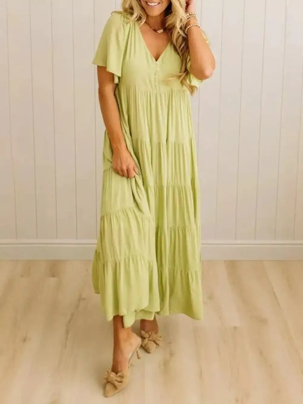 V Neck Tiered Midi Dress
