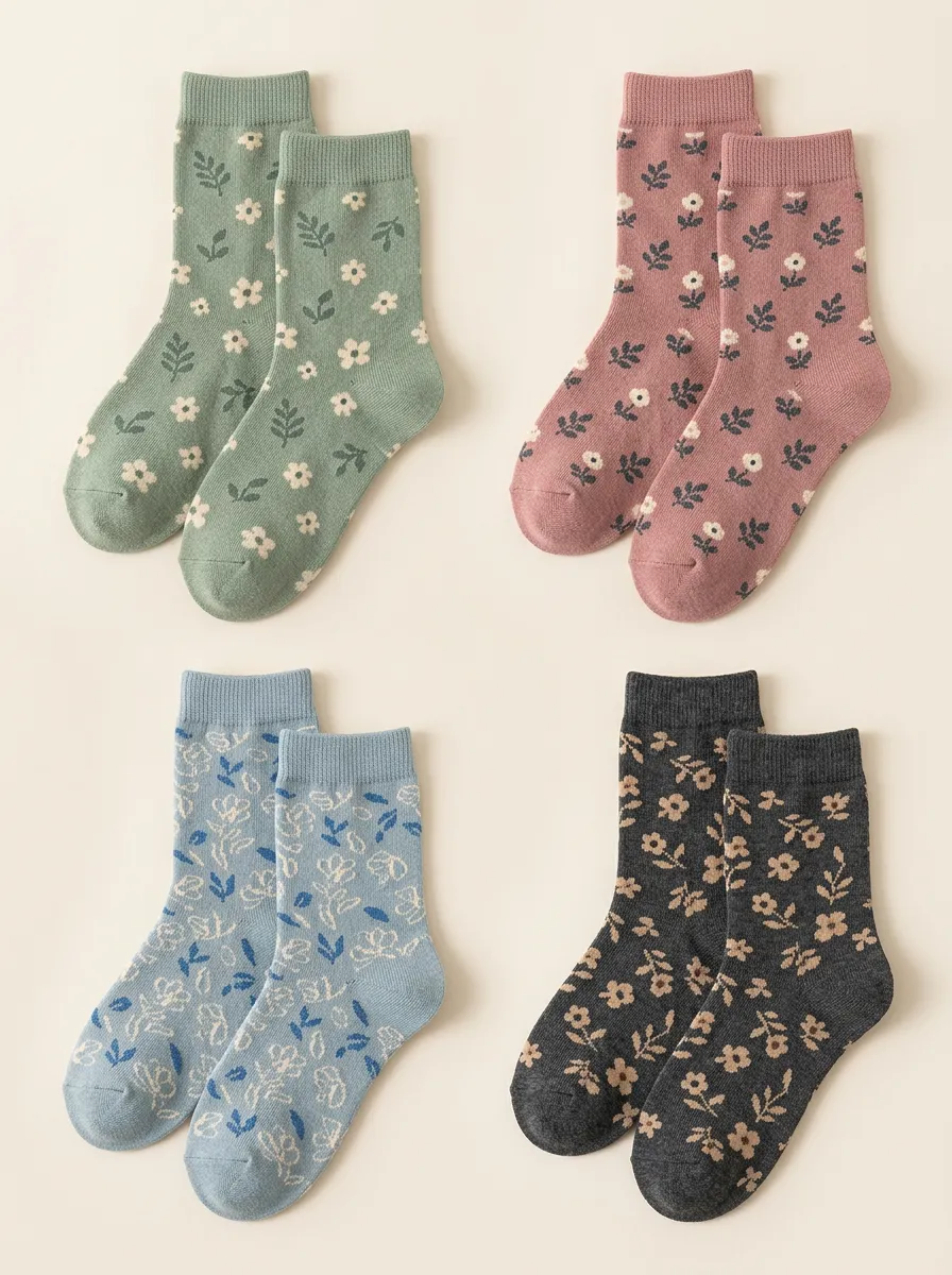 Women's Delicate Floral Ribbed Crew Sock Set
