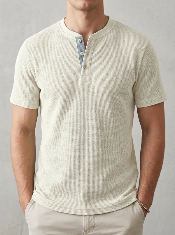 Streamlined Waffle-Knit Button-Placket Men's Short-Sleeve Henley Shirt