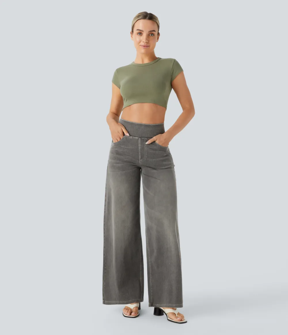 Magic High Waisted Multiple Pockets Wide Leg Washed Stretchy Knit Casual Jeans