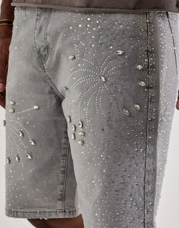 Rhinestone Burst Denim Shorts