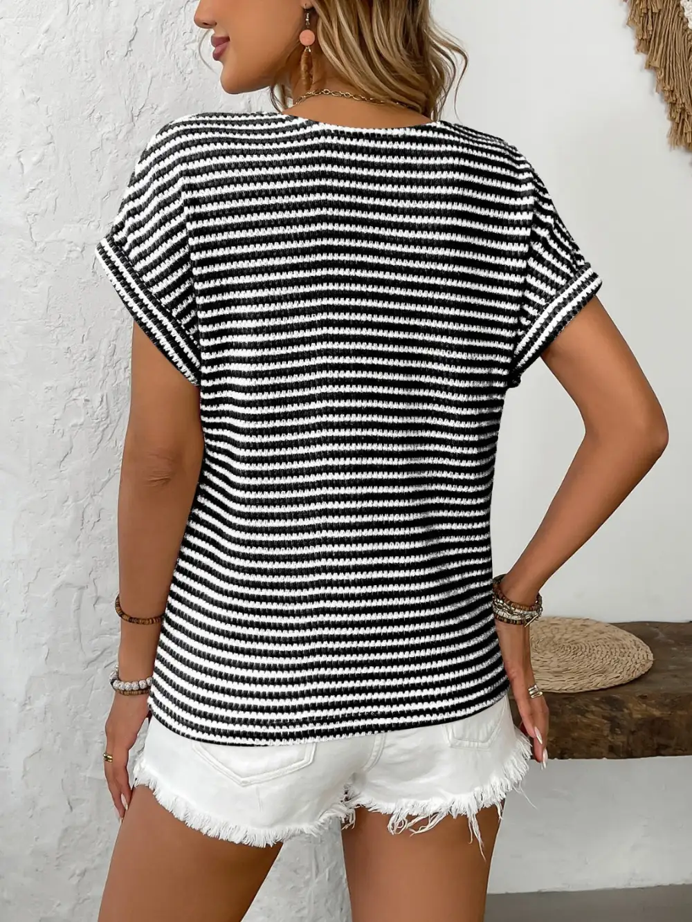 V-Neck Short-Sleeve Button-Detail Striped T-Shirt